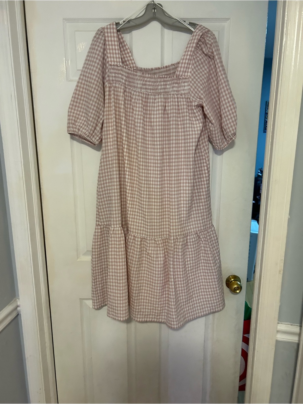 Pink Gingham Midi Dress with Smocked Square Neck